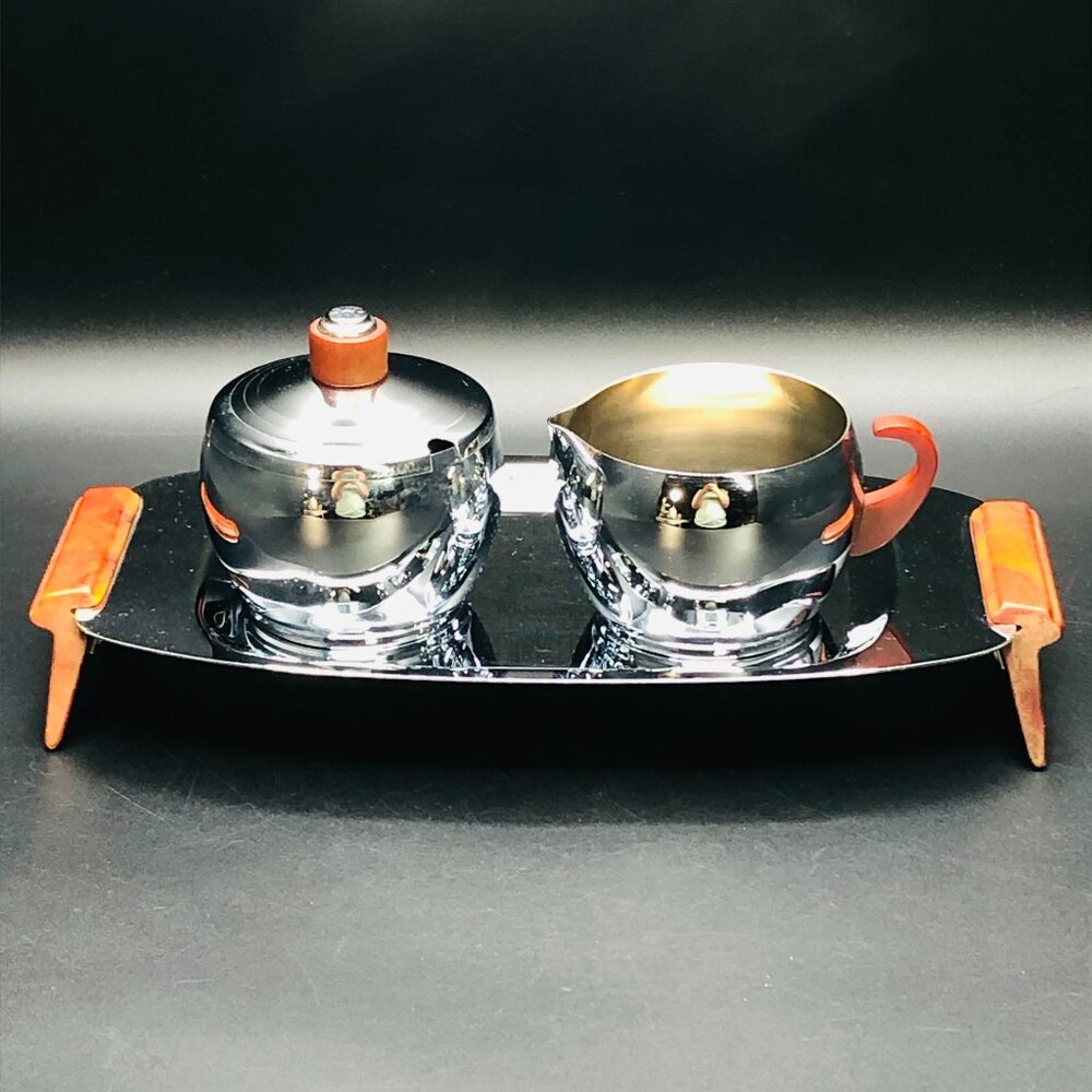 50s Glo Hill Butterscotch Bakelite and Chrome Creamer Sugar Serving Tray SET